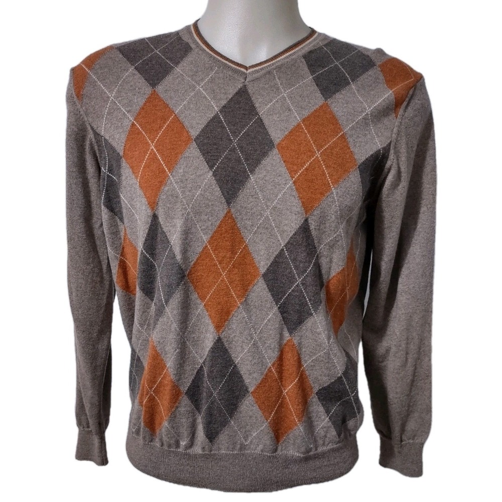 Black Brown 1826 Sweater L Mens Argyle Merino Wool Brown Cabin Core Italy Vneck